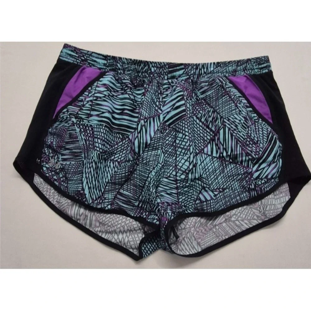 Under Armour womens black/teal/purple print running shorts XL Heat Gear exercise
